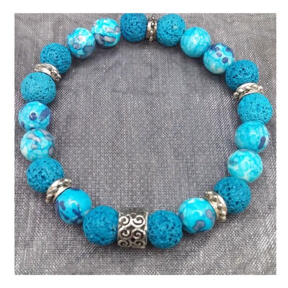 Artisan Rain Flower Jade Bracelet Beaded Lava Stones Diffuser Tibetan Silver - Picture 12 of 14